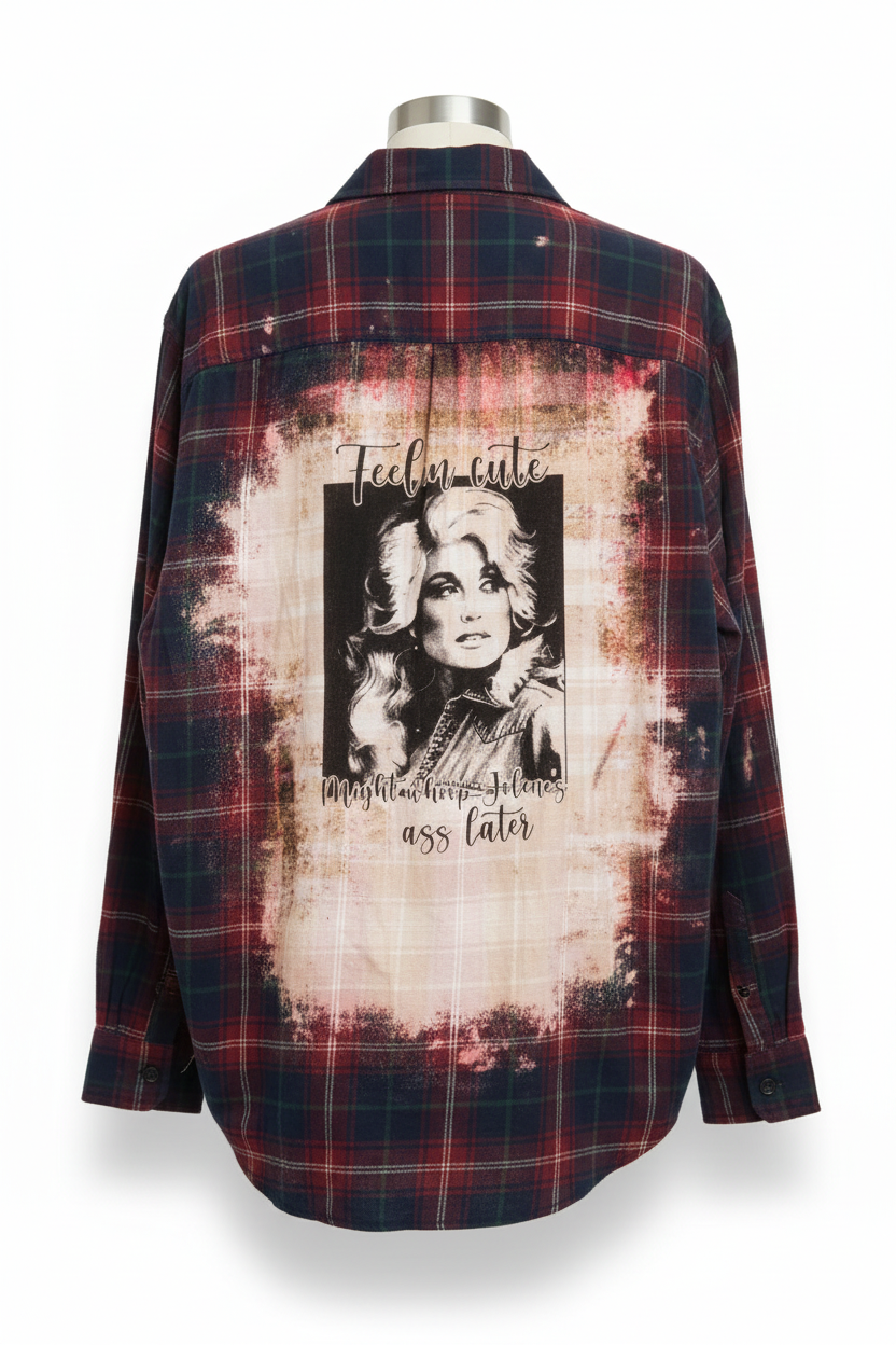 Trestles Clothing Company upcycled red and green plaid flannel featuring a bleached Dolly Parton back graphic